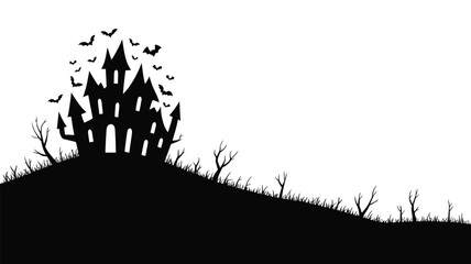 Spooky black silhouette of a haunted castle on a hill with bats