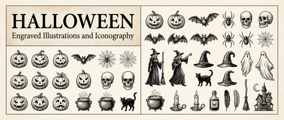 Unique collection of engraved Halloween illustrations showcasing spooky themes and classic imagery for festive celebrations