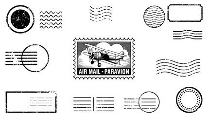 Vintage Air Mail Stamp with Biplane in Monochrome Distressed Texture for Postage Design