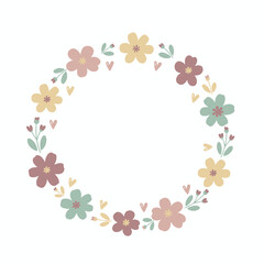 Boho style flowers and leaves forming decorative wreath