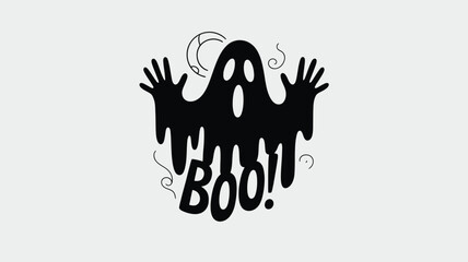 Spooky ghost saying boo with hands up in a halloween graphic