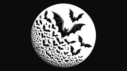 Flock of bats flying out of a full moon in a spooky night sky