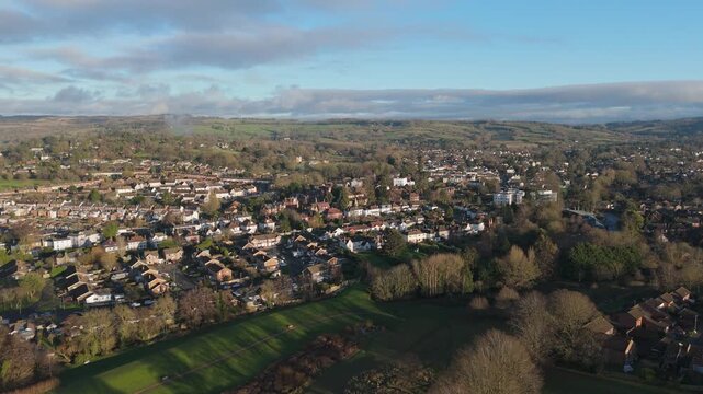 Drone Aerial View above Reeves Field showing residential area at Cheltenham city, UK
