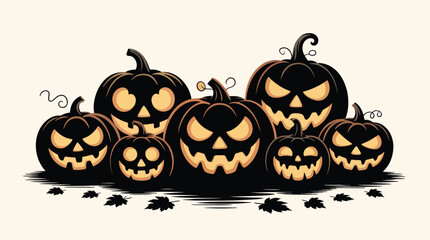Spooky carved jack-o-lanterns gathered together for Halloween