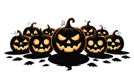 Spooky Halloween pumpkins with glowing eyes and sharp teeth arranged in a group
