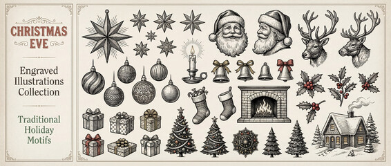 Engraved holiday motifs collection featuring seasonal symbols and traditional charm for a festive celebration