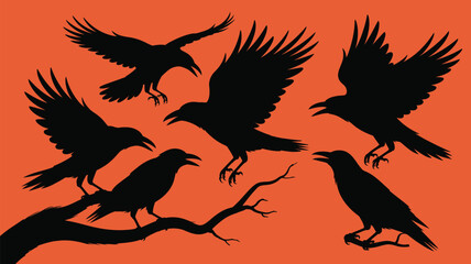 Silhouettes of crows on a branch with orange background