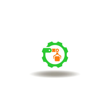 Vector illustration of gear wheel with robotic arm manipulator. Icon of production, industry. Symbol of industrial conveyor sorting.