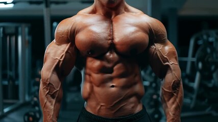 Muscular man flexing in gym: strong bodybuilding poses and defined muscles