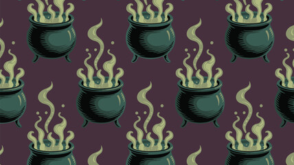 Whimsical witch cauldrons boiling with mystical green flames on dark background