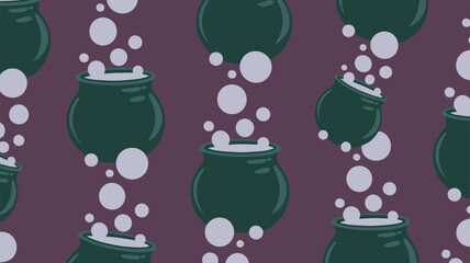 Whimsical dark green cauldrons bubbling with magic on purple