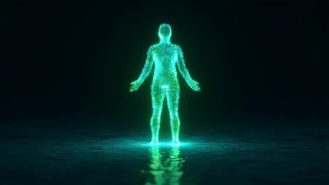 Glowing digital human hologram materializing in futuristic environment