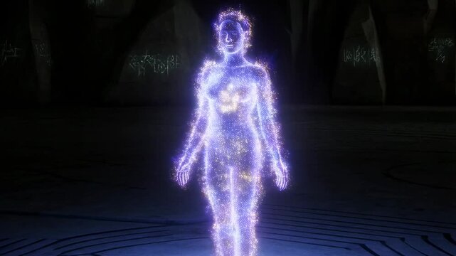 Futuristic hologram figure materializing in a dark room environment