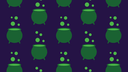 Magical green cauldrons bubbling on dark purple background for Halloween