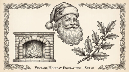 Engraved holiday collection featuring a jolly figure by a cozy fireplace and festive holly branch