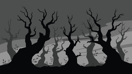 Bare trees silhouetted against a dark landscape with rolling hills