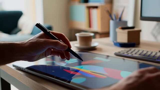 Creative designer editing digital art on tablet in modern workspace - Powered by Adobe