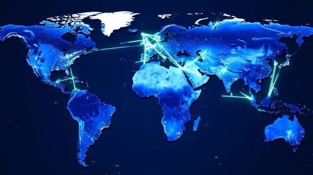 Global network connectivity expanding across world map with illuminated lines