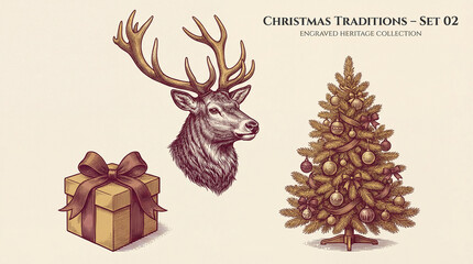 Engraved heritage collection featuring festive elements of Christmas traditions with a deer, a tree, and a gift