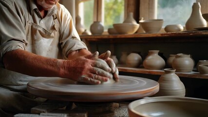 Artisan pottery creation: skilled potter shaping clay on spinning wheel in sunlit studio