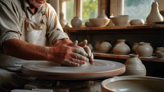 Artisan pottery creation: skilled potter shaping clay on spinning wheel in sunlit studio
