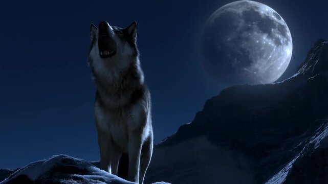 Lone wolf howling at full moon on snowy mountain ridge in nighttime wilderness