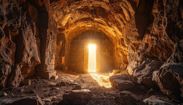 massive stone chamber sealed for millennia, first light entering through a narrow crack - Powered by Adobe