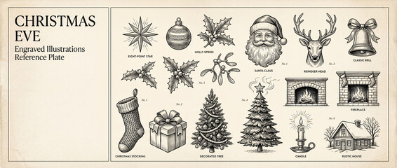 Engraved collection of holiday-themed illustrations showcasing winter charm and festive spirit