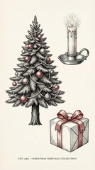 Engraved treasures showcasing a vintage Christmas tree, flickering candle, and beautifully wrapped gift in a timeless collection