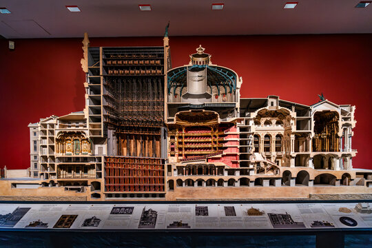 Scale model of the Palais Garnier, the Paris Opera designed by architect Charles Garnier, exhibited inside the Musee d'Orsay, Paris, France.