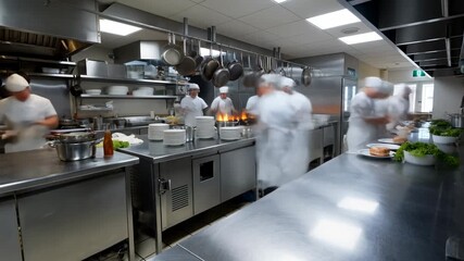 Busy professional kitchen with chefs preparing dishes in a dynamic restaurant environment