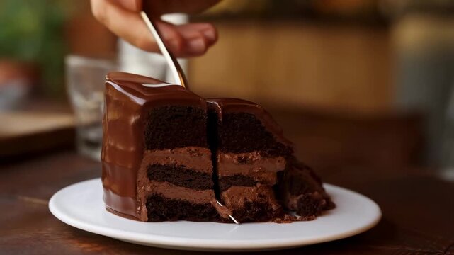 Indulgent chocolate cake slice being cut and lifted with fork in cozy setting