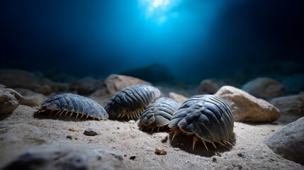 Prehistoric trilobite crawling on sandy seabed under sunbeams in deep blue ocean underwater scene