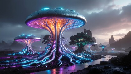 magical glowing bioluminescent tree in a fantasy landscape at night
