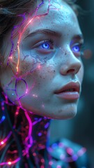 futuristic woman with glowing bioluminescent neural network patterns