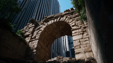 Naklejka premium Ancient stone archway under modern glass skyscraper in city street with dramatic low angle perspective