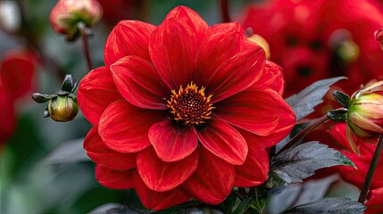 Vibrant deep red bloom with unopened buds displays rich texture and contrasting foliage