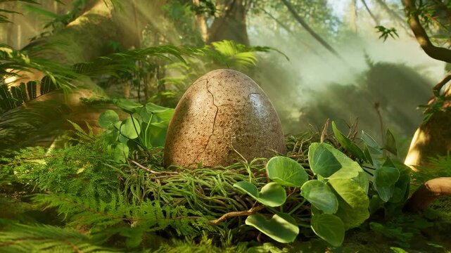 Dinosaur egg hatches in lush jungle environment with baby dinosaur emerging