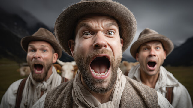 Jodelnde S&auml;nger in traditioneller Alpenkleidung mit ausdrucksstarker Mimik