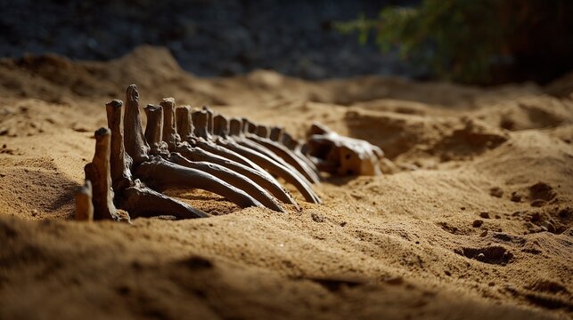 Animal ribcage skeleton half buried in sandy desert ground showing natural decay and harsh wilderness survival concept