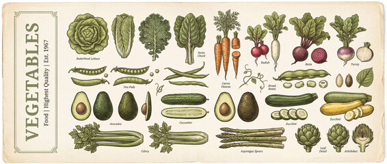 A stunning collection of engraved vegetables displays a variety of fresh produce including leafy greens, root vegetables, and vibrant squashes