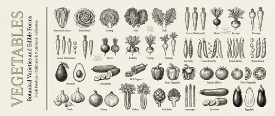 Engraved collection showcasing various vegetables and their botanical forms with intricate details and artistic flair