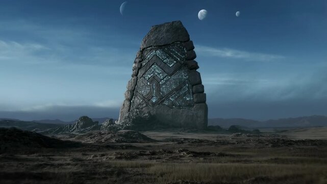 Mysterious ancient monolith with glowing patterns under moonlit sky
