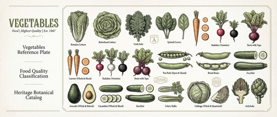 Detailed engraved collection showcasing a variety of vegetables, illustrating food quality and heritage, perfect for botanical enthusiasts