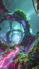 magical enchanted forest with glowing moss and twisted trees