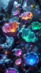 abstract futuristic glowing glass flowers on crystal branches