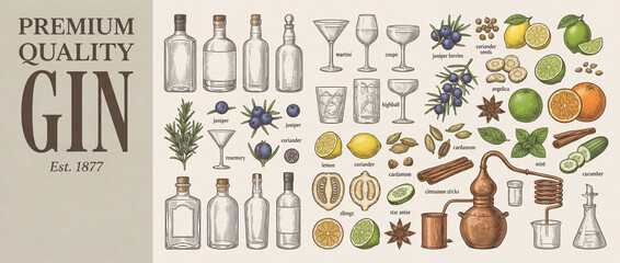Elegant engraved collection of premium gin ingredients and bottles showcasing artistry and tradition in a vintage style