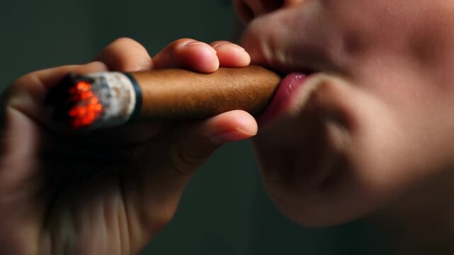 Closeup sequence of lit cigar being inhaled and exhaled with smoke