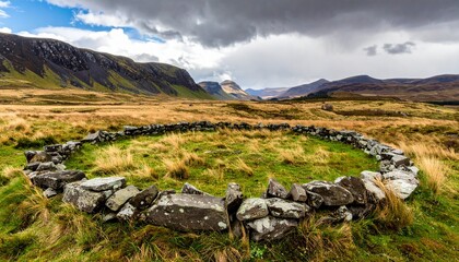 ancient circular stone ruin on remote plateau, no signs of human disturbance