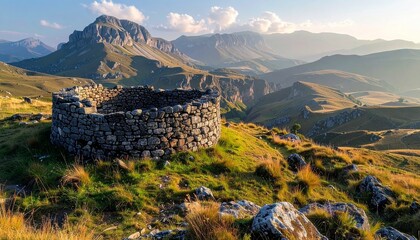 ancient circular stone ruin on remote plateau, no signs of human disturbance